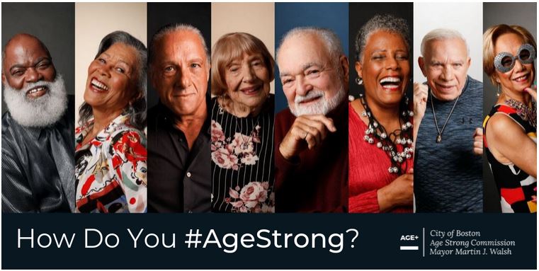 Age Strong Commission of Boston photo collage of older adults smiling and laughing