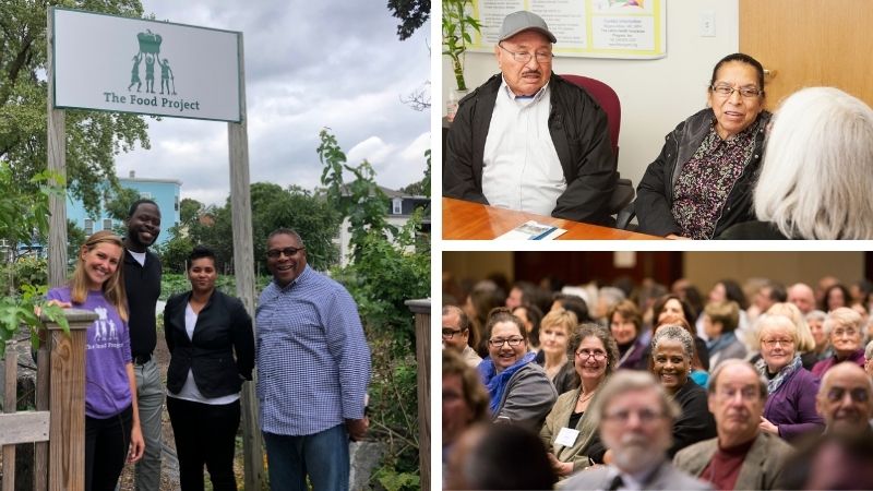 Photos of community: Individuals at community garden, older couple with consultant, community meeting with people smiling
