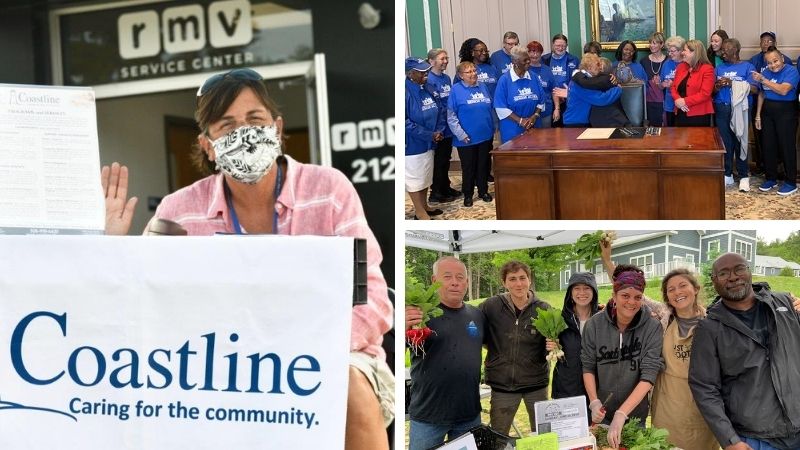 Photo collage: Woman with Coastline sign, group celebrating in political office, Group with fresh vegetables