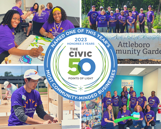 Photo collage of volunteers: two women creating a mural for children's hospital; a man building a bed for Mass Coalition for the Homeless, a group at Attleboro Community Garden and a group at Food for