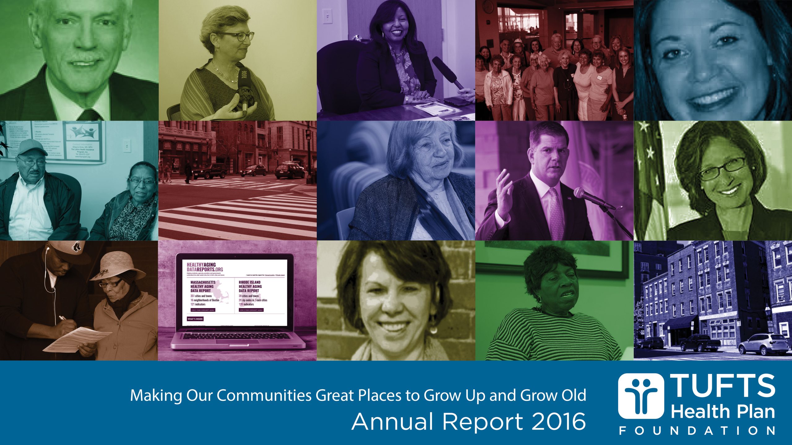 2016 Annual report cover photo: collage of people with different color filters over photos