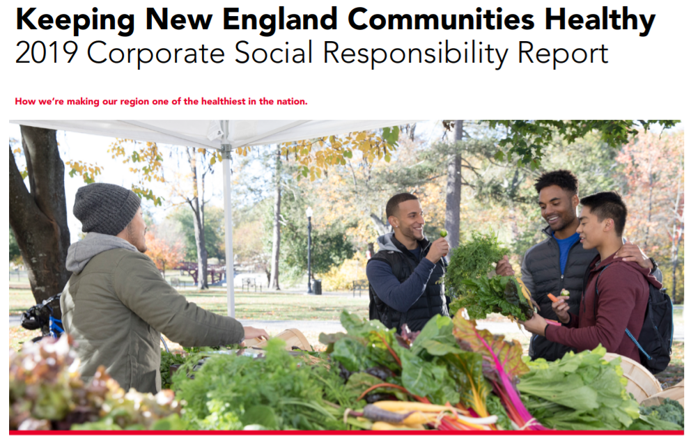 Keeping New England Communities Healthy CSR report cover: Four people talking around a table of vegetables