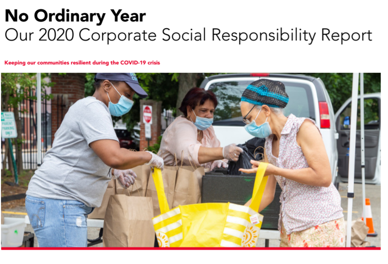 No Ordinary Year CSR report cover photo: Three women wearing masks packing bags