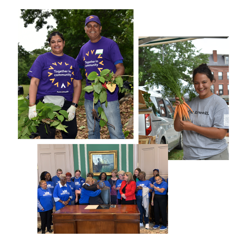 Photo collage: Woman cleaning up forest trails, group posing for photos in aprons, woman with mask holding bag of vegetables