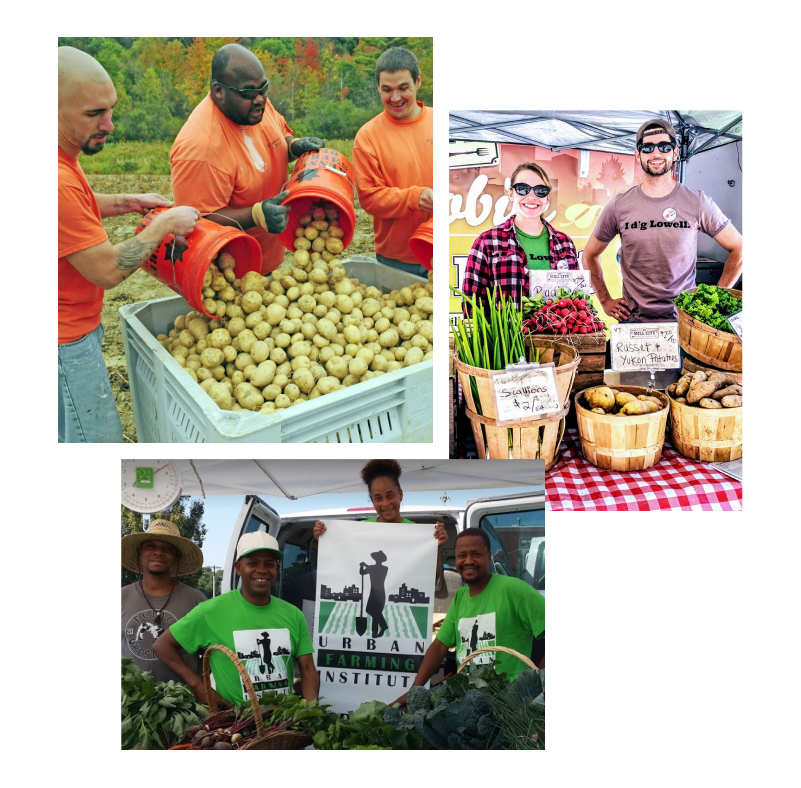Photo collage: three people harvesting potatoes, group posing for picture with fresh veggies, two people posing at mobile market
