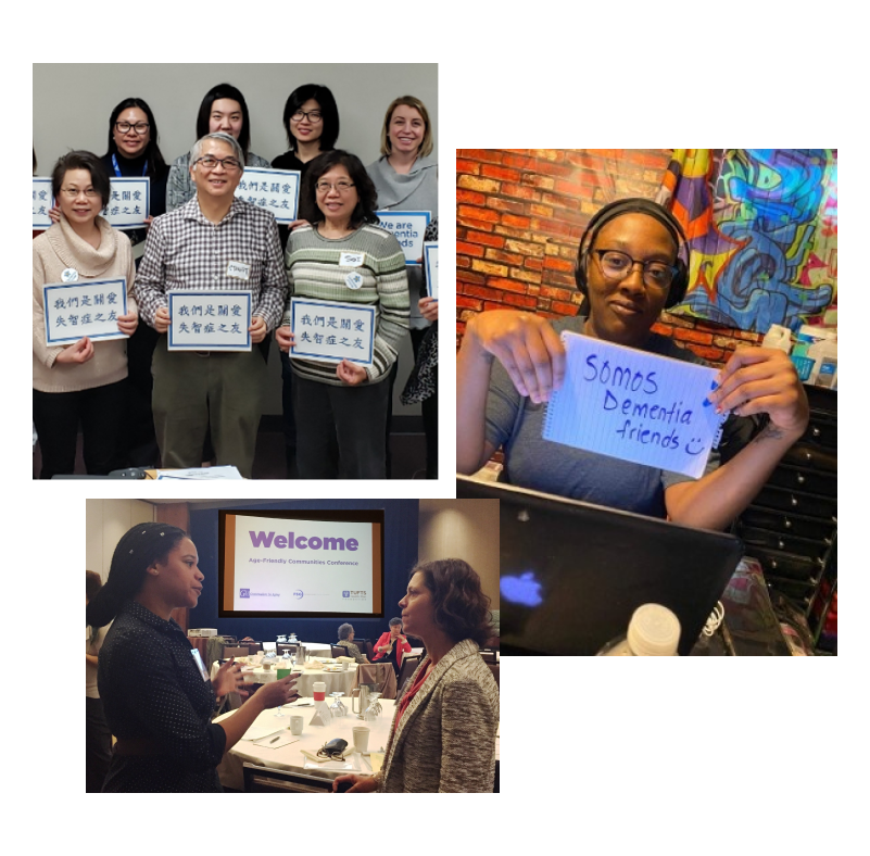 Photo collage: Group posing with Dementia Friends posters in Chinese, two women talking at conference, woman holding Dementia Friends sign