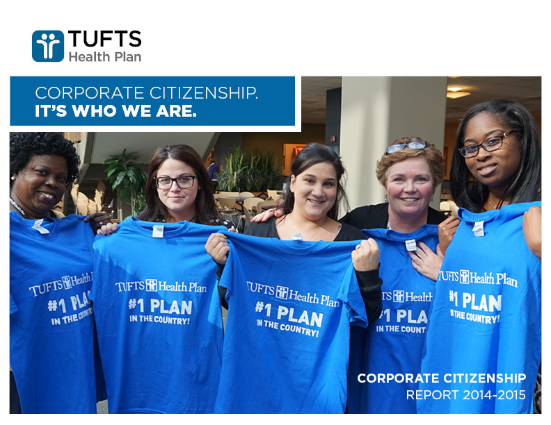 2014-15 Corporate Citizenship report cover photo: 5 women posing with Tufts Health Plan t-shirts